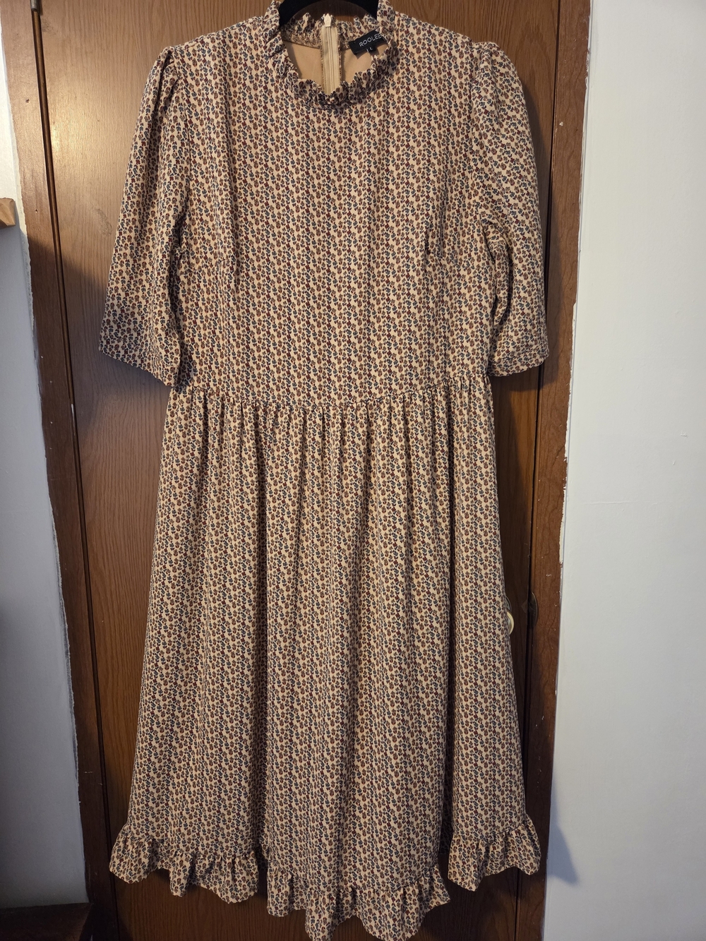 Roolee Beige and Brown Floral Midi Dress with Ruffle Neck